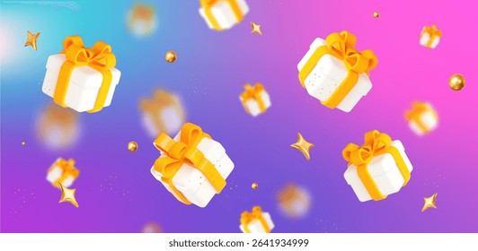 3d white gift box with yellow ribbon, flying gold stars with balls. Stock vector illustration on light isolated background.