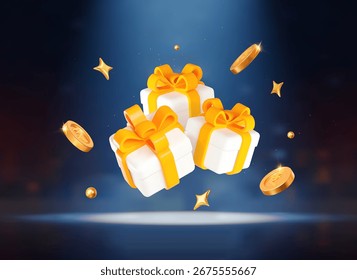 3d caja de regalo blanca con cinta amarilla y oro volador rupias indias monedas y bolas. Ilustración vectorial de stock sobre fondo aislado azul.	

