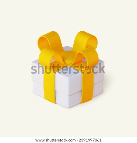 3D white gift box with yellow ribbon, isolated on white background. 3D render of flying modern holiday surprise box. Realistic vector icon for gift, birthday or wedding banner.