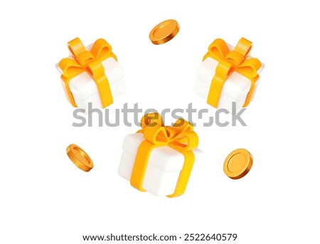 3d white gift box with yellow ribbon and flying gold coins. Stock vector illustration on isolated background.