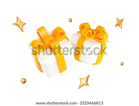 3d white gift box with yellow ribbon and flying gold stars and balls. Stock vector illustration on isolated background.