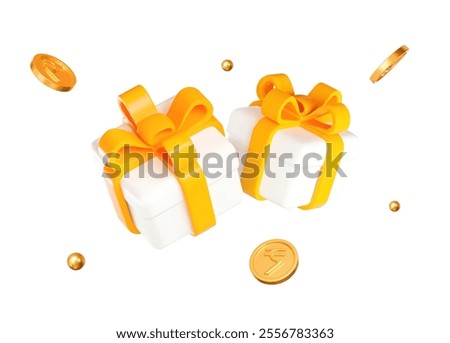 3d white gift box with yellow ribbon and flying gold Indian rupees coins and balls. Stock vector illustration on isolated background.