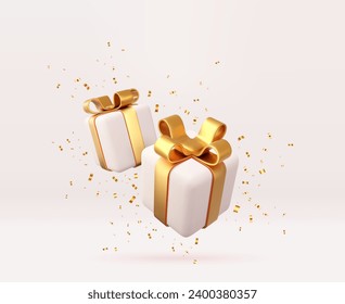 3d white gift boxes with golden ribbon and bow. Birthday celebration concept. Merry New Year and Merry Christmas white gift boxes with golden bows. 3d rendering. Vector illustration