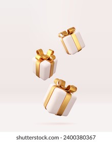 3d white gift boxes with golden ribbon and bow. Birthday celebration concept. Merry New Year and Merry Christmas white gift boxes with golden bows. 3d rendering. Vector illustration