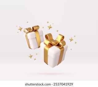 3d white gift boxes with golden ribbon and bow. Birthday celebration concept. Merry New Year and Merry Christmas 2023 white gift boxes with golden bows. 3d rendering. Vector illustration