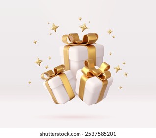 3d white gift boxes with golden ribbon and bow. Birthday celebration concept. Merry New Year and Merry Christmas white gift boxes with golden bows. 3d rendering. Vector illustration