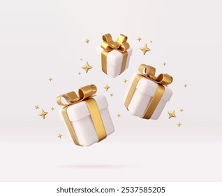 3d white gift boxes with golden ribbon and bow. Birthday celebration concept. Merry New Year and Merry Christmas white gift boxes with golden bows. 3d rendering. Vector illustration