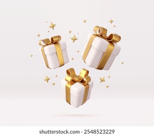 3d white gift boxes with golden ribbon and bow. Birthday celebration concept. Merry New Year and Merry Christmas white gift boxes with golden bows. 3d rendering. Vector illustration