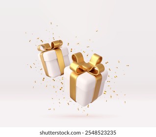 3d white gift boxes with golden ribbon and bow and sequins confetti. Birthday celebration concept. Merry New Year and Merry Christmas gift boxes with golden bows. 3d rendering. Vector illustration