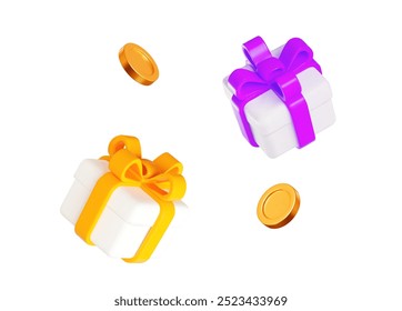 3d white gift boxes with yellow and purple ribbon and flying gold coins. Stock vector illustration on isolated background.