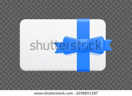 3d white gift card with blue bow. Winter gift certificate for promotion of goods for holidays, birthdays and discount coupon concept. Stock vector illustration on isolated background.	
