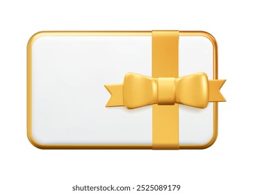 3d white gift card with golden frame and bow. Gift certificate for promotion of goods for holidays, birthdays and discount coupon concept. Stock vector illustration on isolated background.	
