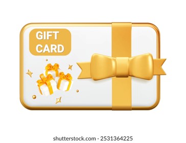 Tarjeta de regalo blanca 3D con marco dorado y arco. Certificado de regalo para la promoción de bienes para vacaciones, cumpleaños y concepto de Cupón de descuento. Ilustración vectorial de stock sobre fondo aislado.	
