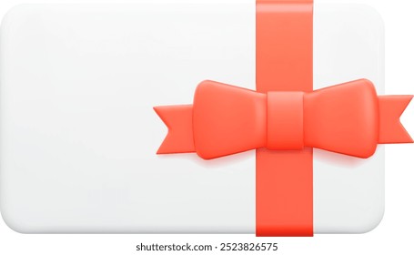 Tarjeta de regalo blanca 3D con lazo rojo. Certificado de regalo para la promoción de bienes para vacaciones, cumpleaños y concepto de Cupón de descuento. Ilustración vectorial de stock sobre fondo aislado.	
