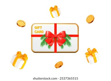 3d white gift card with red bow, Christmas tree branches and flying gift box with gold coins. Gift certificate for promotion, birthdays and discount coupon concept. Stock vector illustration 