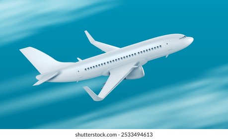 3D Branco Brilhante Comercial Jet Airplane Decolar. Vetor EPS10