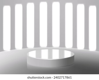 3D White Glossy Round Pedestal Or Podium Display With Shadow. Eps10 Vector