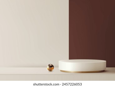 3D white and gold cylinder podium with gold balls accents sits on a red and white wall background, luxury concept, product display, mockup, showroom, showcase. Vector illustration