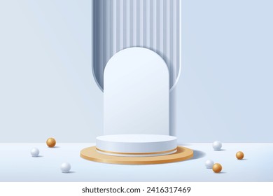 3D white and gold cylindrical pedestal podium with a backdrop of geometric abstract arched windows and a floor decorated with sphere round balls, Vector illustration