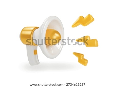 3D white and gold megaphone and flash lightnings. Special offer. Social media promotion. Marketing time concept. Loudspeaker or speaker Announcement.3D Vector illustration