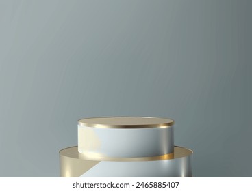 3D white and gold podium with a geometric design rests on a gray background, luxury style, product display, mockup, showroom, showcase