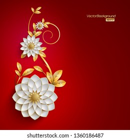 3D white and golden arabesque style flowers on red background, red background with floral design, floral design card