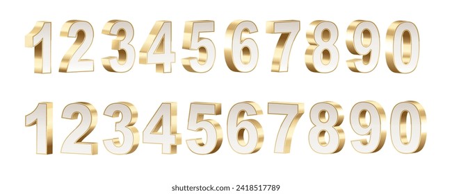 3D white and golden numbers set, isolated on a white background.