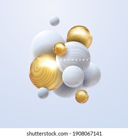 3d white and golden spheres cluster. Abstract background. Vector illustration of bubbles textured with wavy striped pattern. Banner or sign design