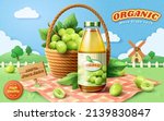 3d white grape juice ad template in creative paper cut style. Glass bottle and basket displayed on a picnic mat. Concept of picnicking in country farm land.