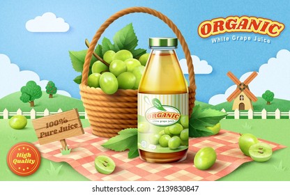3d white grape juice ad template in creative paper cut style. Glass bottle and basket displayed on a picnic mat. Concept of picnicking in country farm land.
