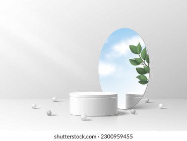 3d white gray cylinder podium display background. Round pedestal or stage showcase with green leaf, sun and blue sky in circle mirror glass leaning on wall. Outdoor scene mockup product presentation.