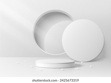 3D white and gray cylinder podium pedestal background with round circle window scene. Mockup product display presentation. Abstract minimal scene. Stage showcase. Platforms vector geometric design