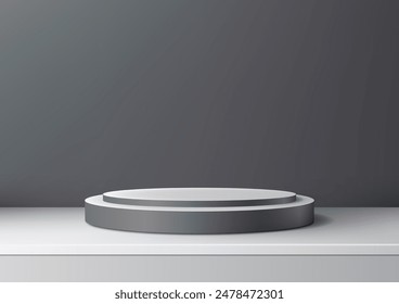 3D White and Gray Podium on Shelf with Gray Wall Background for Modern Concept Product Display and Mockup Showroom Showcase