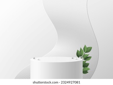 3d white gray realistic cylinder podium background with wavy curve shape floating and green leaf. Vector geometric platforms. Wall minimal scene product display mockup presentation. Stage for showcase