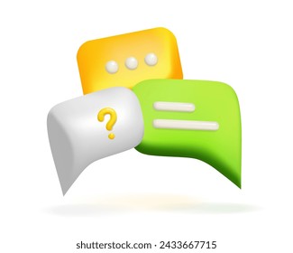 3d white, green and yellow bubble speeches with question mark. Messenger dialogue vector illustration design. Chat conversation template.