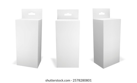 3d white hang box mockup. Blank rectangle carton product pack with hanger. Cream container with tab set of three. Realistic vertical pharmacy packaging front and side view. Empty paper dummy slot