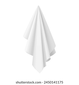 3D white hanging cloth with folds of silk material, handkerchief or tablecloth vector illustration