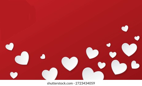 El estilo de corte de papel en forma de corazón blanco 3D flotado en la ilustración gráfica de fondo rojo tiene espacio en blanco. Feliz día de San Valentín tarjeta de felicitación Plantilla Horizontal.