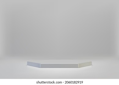 3D white hexagon podium on light background. Empty stage for product presentation. Realistic vector platform with free space. Minimalistic mockup design. Template of pedestal