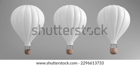 3d white hot air balloon isolated vector illustration. Realistic adventure airship with basket to fly on gas. Aerostat for recreation and travel mockup. Vintage outdoor expedition float baloon set