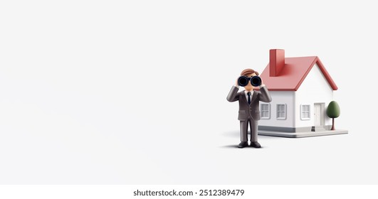 3D white house, businessman with binoculars. Banner for concepts, search and real estate investment, rent, sale. Vector illustration