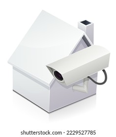 Casa blanca en 3D con cámara cctv colgada en una pared aislada en un fondo blanco