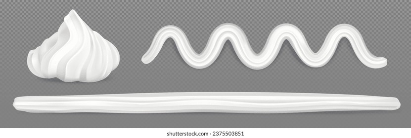 3 d de helado blanco látigo aislado decoración vectorial aislada. Suave merengue de vainilla para el pastel dulce o postre de bizcocho. Mousse de panadería realista que encabeza el concepto de paquete fronterizo. Marco de borde de línea de deformación