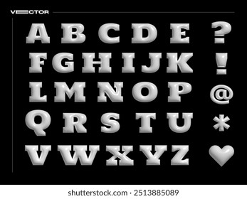 3D white inflated alphabet vector set. Y2K concept typography.