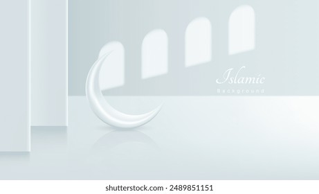 fondo islámico blanco 3d. media luna blanca en la habitación con superposición de sombras de ventanas