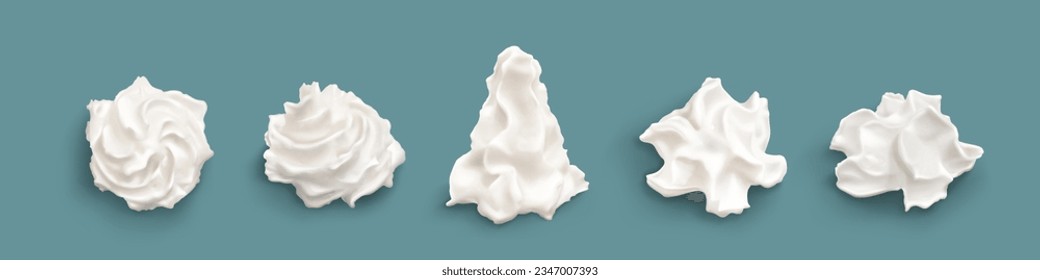 3d white isolated cake cream ice whip swirl vector. Soft vanilla foam decoration for pie food or cupcake. Sweet frozen realistic whipped butter mousse curl top pack. Decorating confectionery twirl