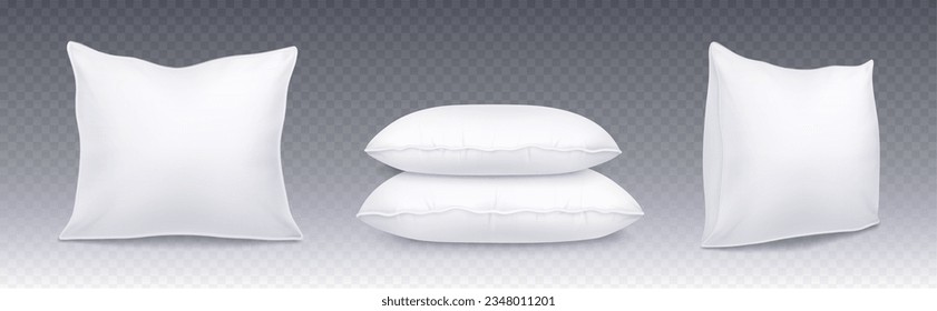 3d white isolated realistic cushion mockup vector. Meditation pillow stack for bed mock up template set. Rectangular shape silk or satin top and side view fluffy bedroom pillowcase icon design