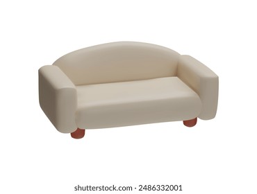 3D white leather sofa with round back and wooden legs. Cozy sofa. A comfortable element of the interior of the room. Modern furniture. Vector illustration isolated on white background.