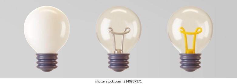3d white light bulb icon set isolated on gray background. Render cartoon style minimal white and transparent glass light bulb. Creativity idea, business success, strategy concept. 3d realistic vector