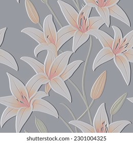 3d white lilies. Tropical lily flowers textured 3d seamless pattern. Floral embossed background. Relief light backdrop. Line art  emboss flowers, leaves. Abstract hand drawn surface tropic ornaments.